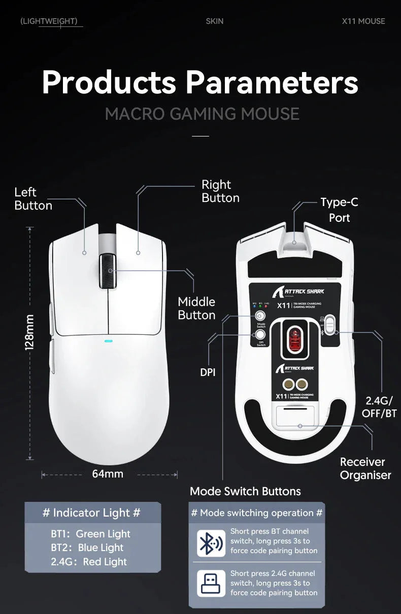 X11 Gaming Mouse Wireless Attack Shark™ - RS Store