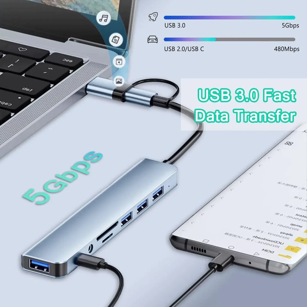 USB HUB 8 in 1 with SD/TF Card Reader