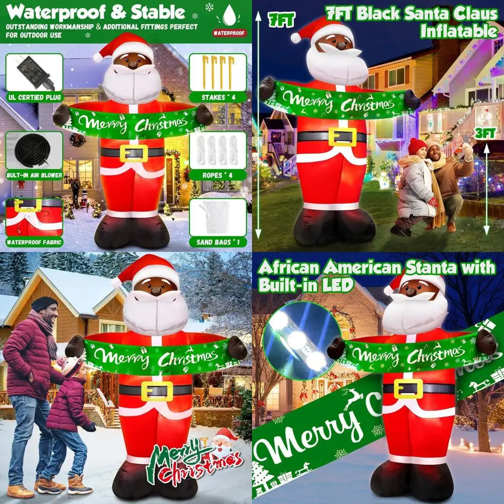 7-Foot Tall Black Santa Claus Outdoor Christmas Inflatable with LED Lights™