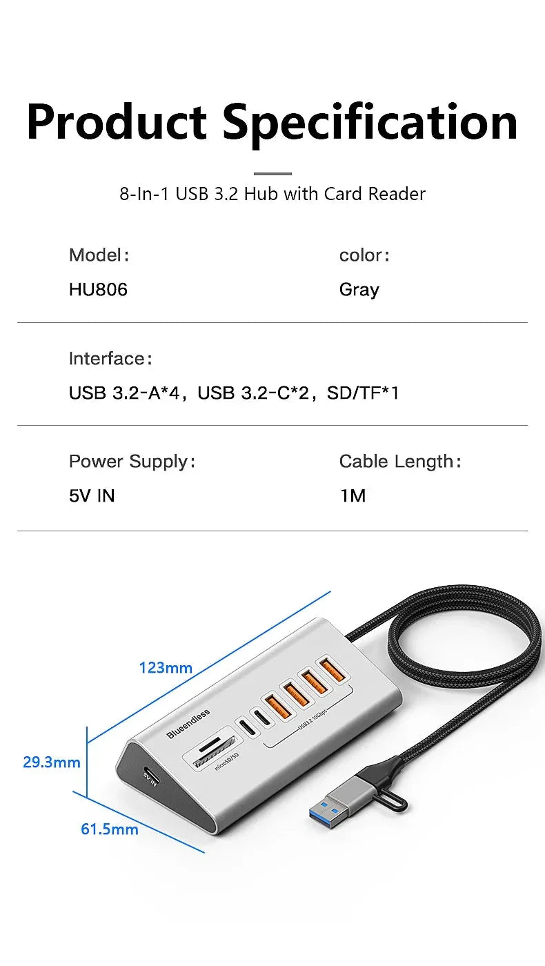 Blueendless Aluminium USB3.2 Gen2 10Gbps 5 ports HUB™ - RS Store